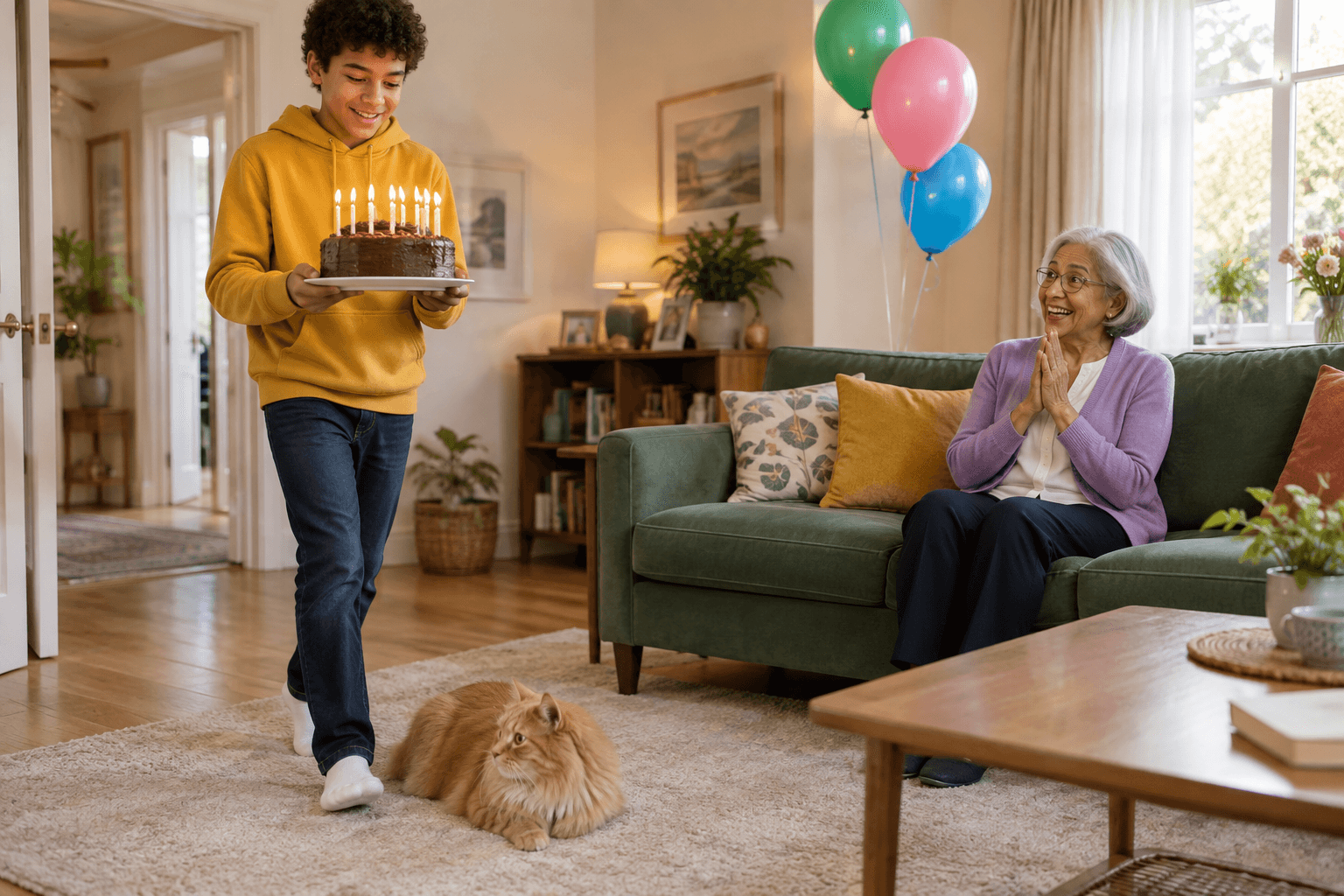 Tomás carries a big chocolate birthday cake with candles into the living room. His grandmother is sitting on the sofa and looks happy. A cat is lying on the carpet in front of him.